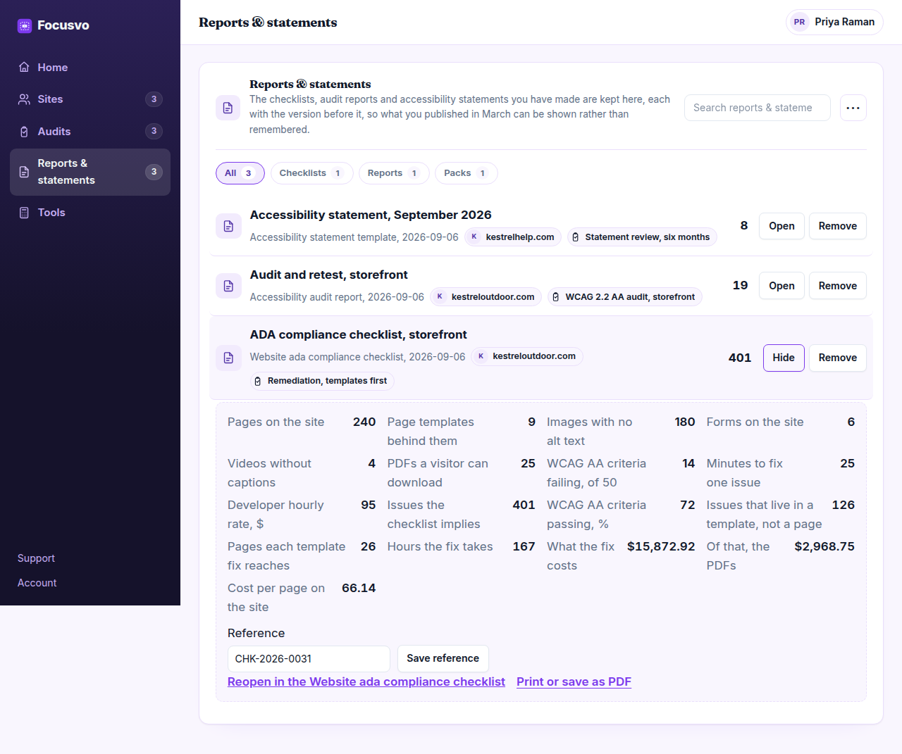 The Focusvo workspace with the ADA compliance checklist for a 240-page site open: 401 issues, 72% of the WCAG AA criteria passing, 126 issues living in templates, 167 hours and $15,872 shown as the worked answer.