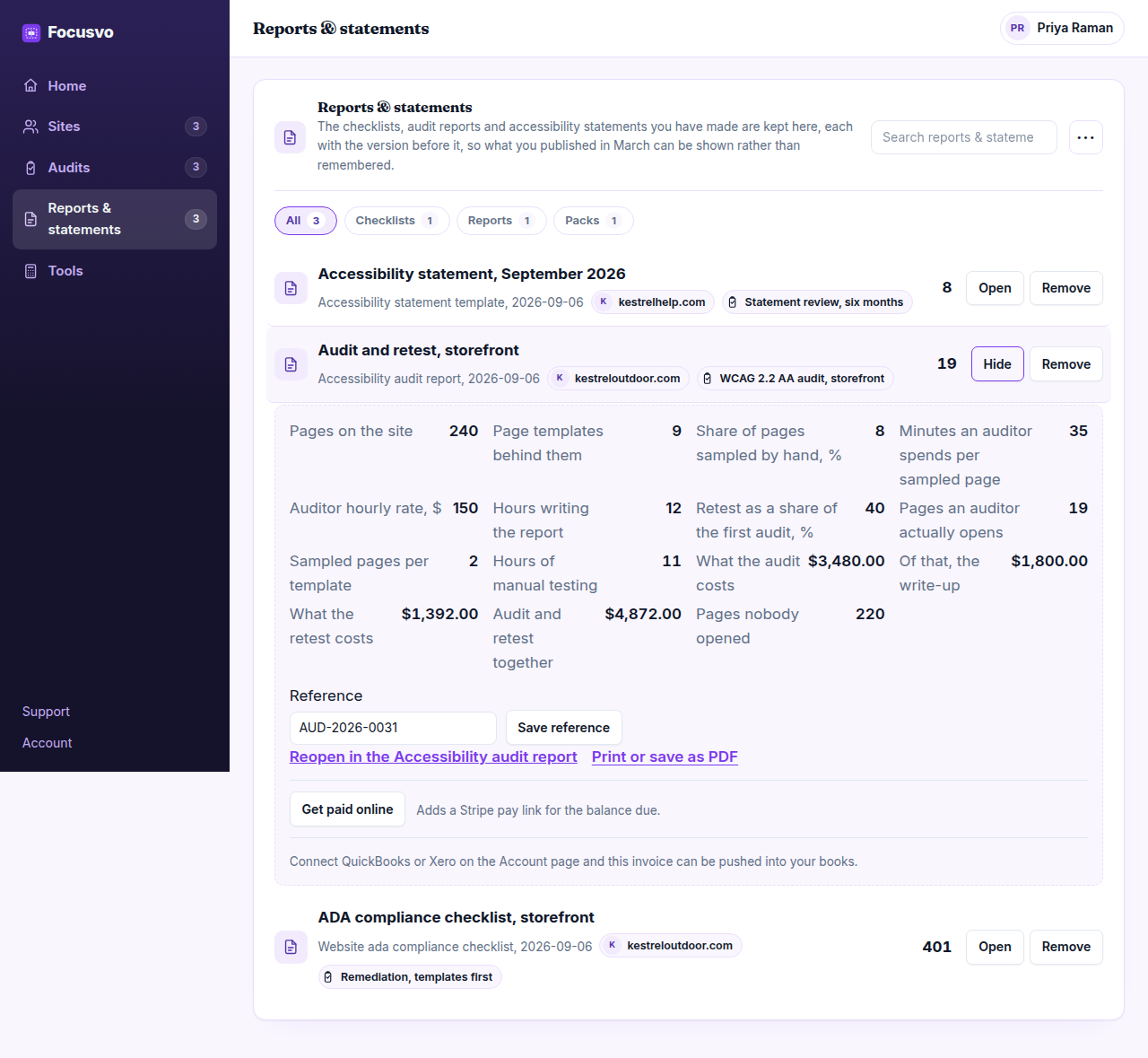 The Focusvo workspace with the accessibility audit report sheet open: 19 pages sampled of 240, 11 hours of manual testing, $3,480 for the audit, $1,392 for the retest and 220 pages nobody opens.