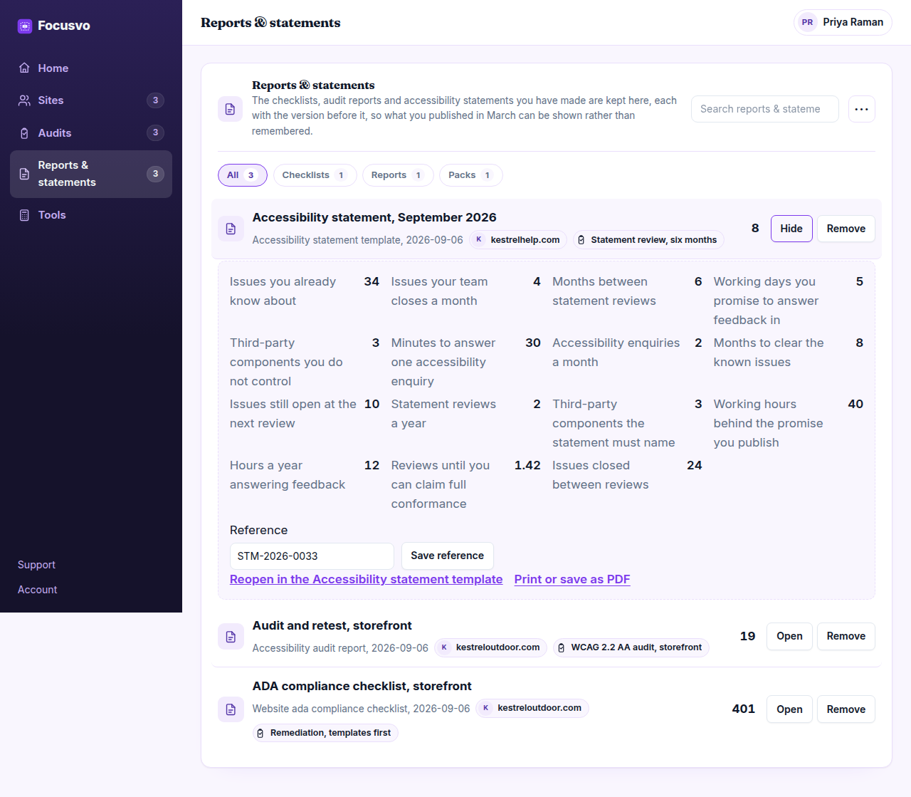 The Focusvo workspace with the accessibility statement sheet open: 34 known issues closing at four a month, ten still open at the six-month review, two reviews a year and 40 working hours behind the published response promise.